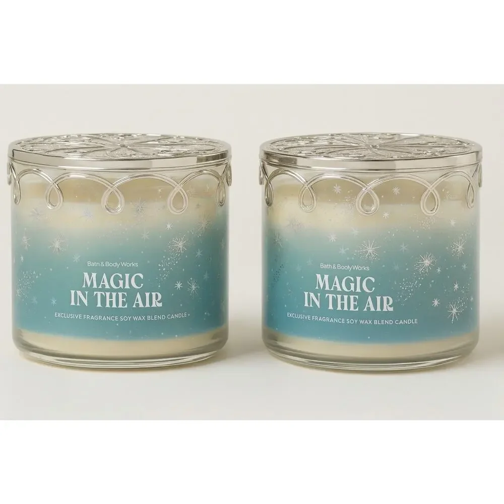 2X Bath & Body Works MAGIC IN THE AIR Snowflake Lid 3 Wick Scented Candle 14.5oz